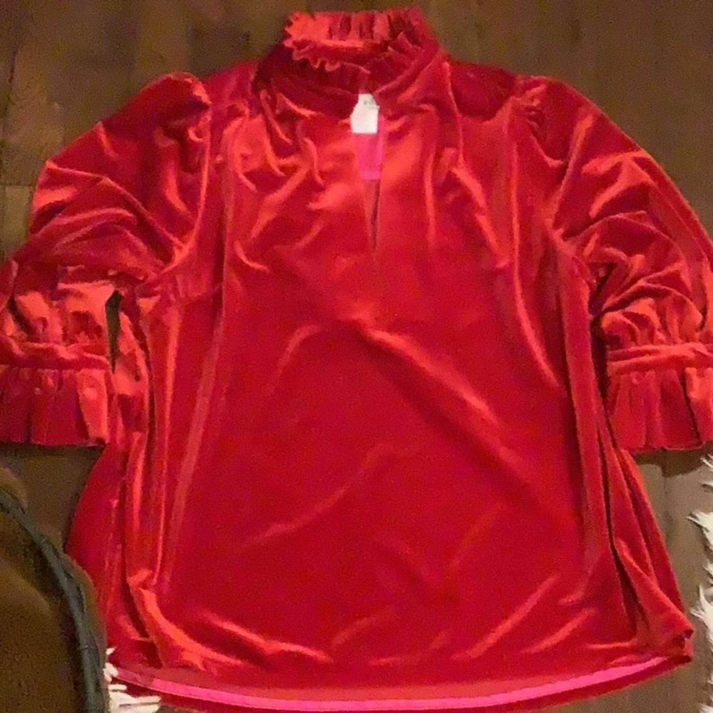 Gretchen Scott Designs Velvet Red Ruffled Blouse Size Small - Picture 6 of 7